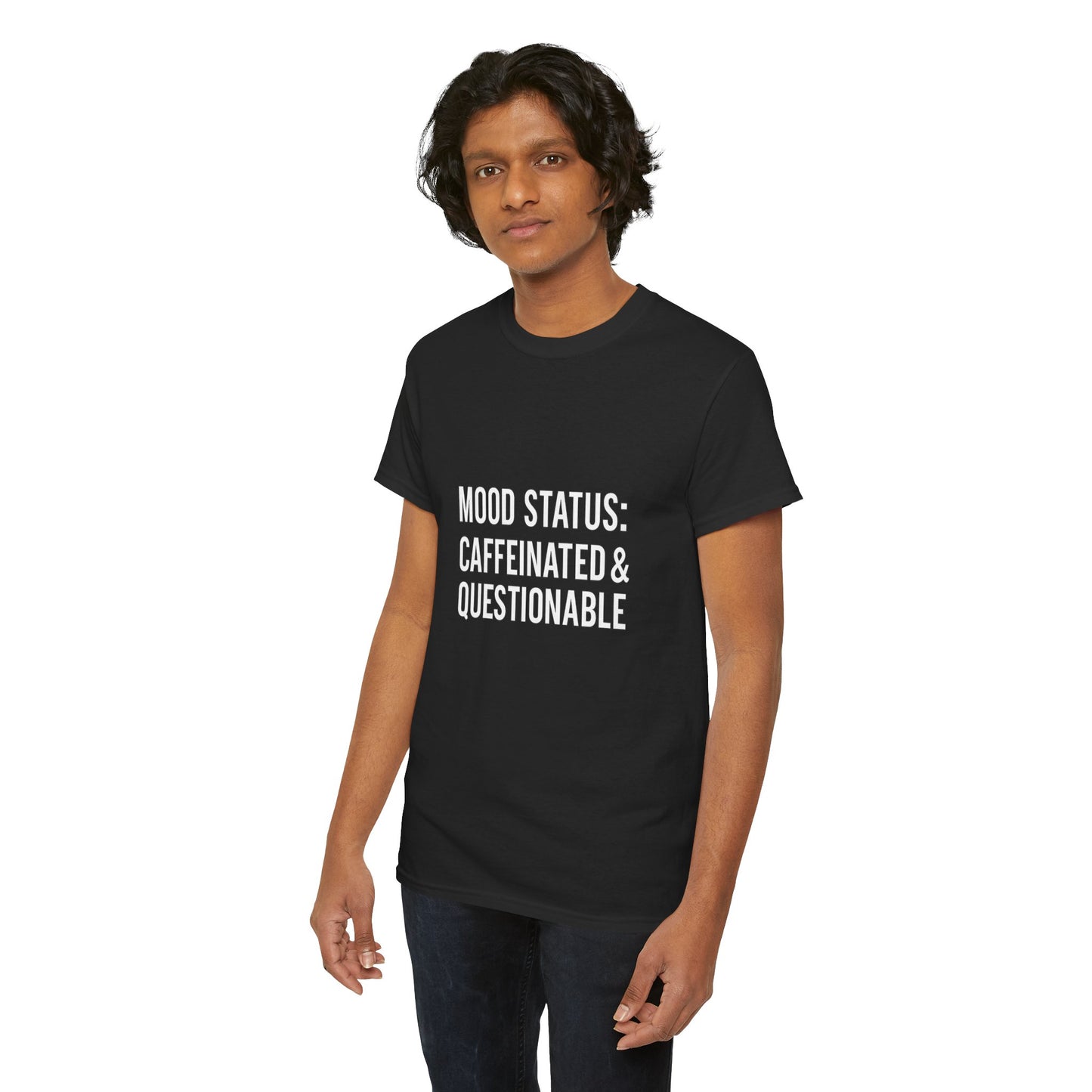 Caffeinated & Questionable Tee, Funny T-Shirt, Unisex Casual Top, Coffee Lover Gift, Mood Status Apparel, Fun Statement Shirt