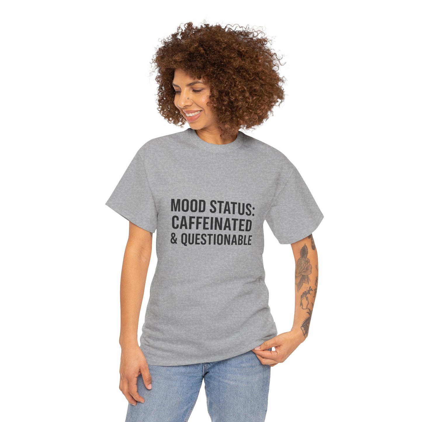 Caffeinated & Questionable Tee, Funny T-Shirt, Unisex Casual Top, Coffee Lover Gift, Mood Status Apparel, Fun Statement Shirt