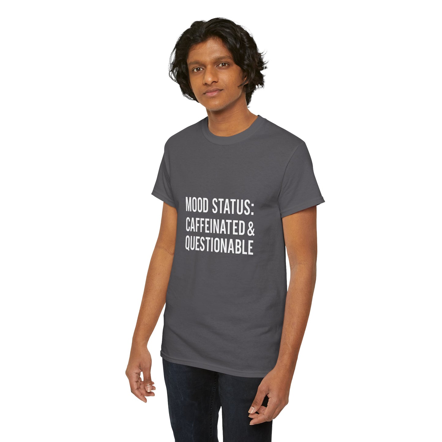 Caffeinated & Questionable Tee, Funny T-Shirt, Unisex Casual Top, Coffee Lover Gift, Mood Status Apparel, Fun Statement Shirt