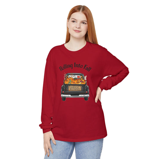 Long Sleeve Shirt - Rolling Into Fall Design, Autumn Apparel, Thanksgiving Shirt, Cozy Fall Fashion, Harvest Celebration Tee