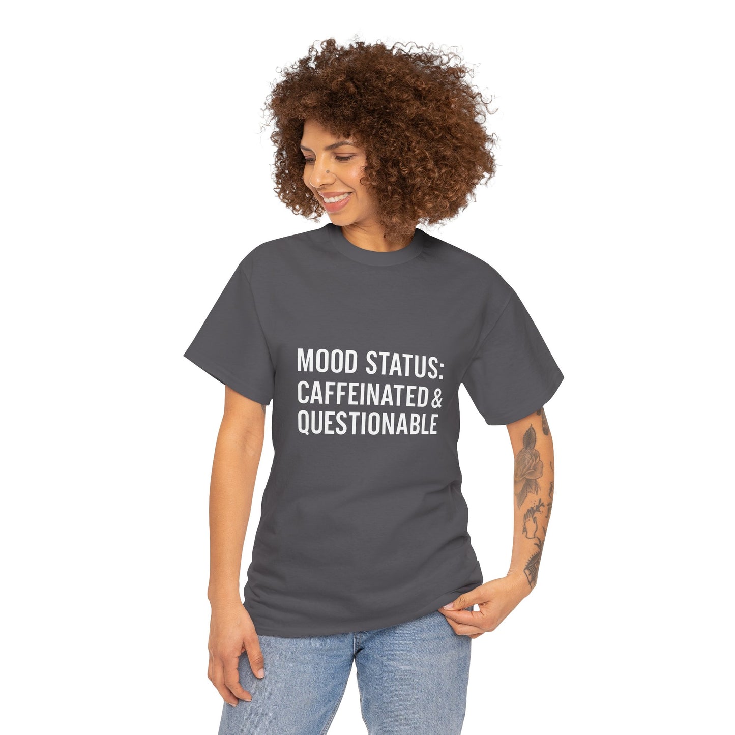 Caffeinated & Questionable Tee, Funny T-Shirt, Unisex Casual Top, Coffee Lover Gift, Mood Status Apparel, Fun Statement Shirt